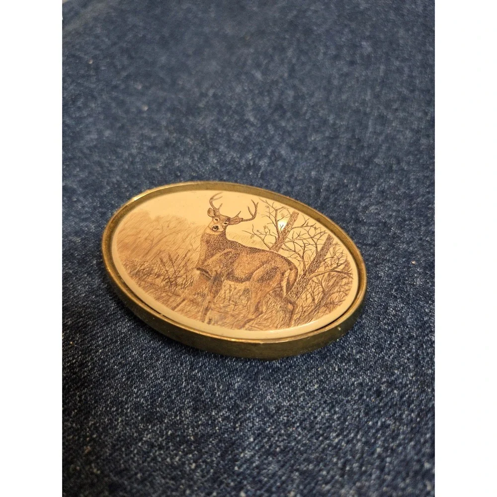Vintage Solid Brass Bartow Co. Deer Stag Belt Buckle - Etched Scene